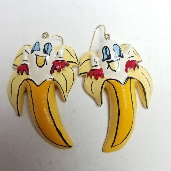 Vintage Sassy Bananas Dangle Earrings, Weird Wonderful 70s 80s Style, Estate - Picture 2 of 6